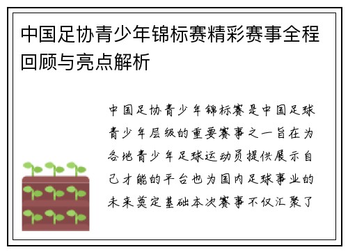中国足协青少年锦标赛精彩赛事全程回顾与亮点解析 中国足协青少年锦标赛精彩赛事全程回顾与亮点解析